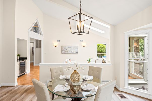 Dining room, Interior, Pendant Lights, Wood Texture Flooring