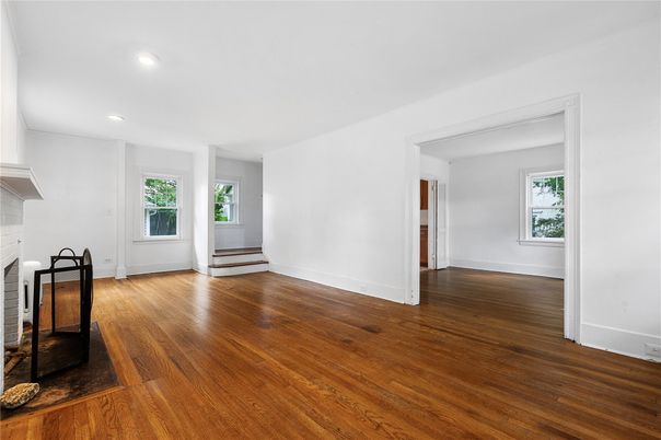 Empty room, Fireplace, Interior, Recessed Lighting, Wood Texture Flooring