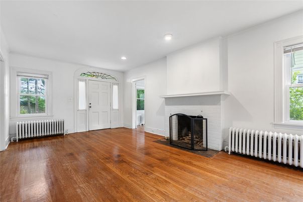 Empty room, Fireplace, Interior, Recessed Lighting, Wood Texture Flooring
