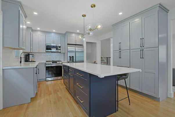 Interior, Kitchen, Pendant Lights, Recessed Lighting, Stainless Steel Appliances, Wood Texture Flooring