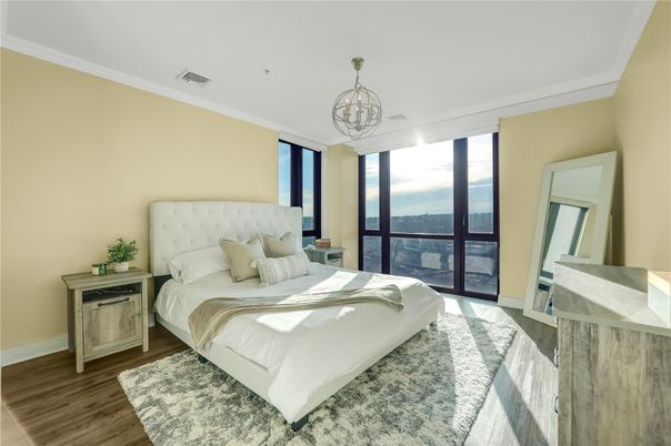 Bedroom, Interior, Pendant Lights, Water, Wood Texture Flooring
