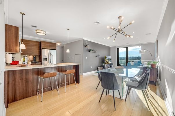Dining room, Interior, Kitchen, Pendant Lights, Stainless Steel Appliances, Wood Texture Flooring