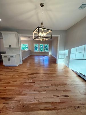 Empty room, Interior, Kitchen, Pendant Lights, Recessed Lighting, Wood Texture Flooring