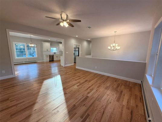 Chandelier, Empty room, Interior, Kitchen, Pendant Lights, Recessed Lighting, Wood Texture Flooring