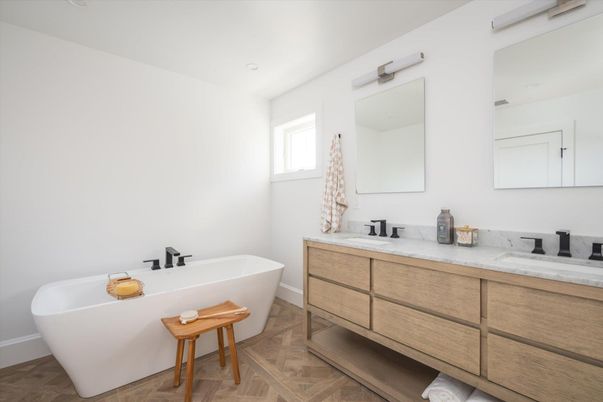 Bathroom, Dual Sink Vanities, Free Standing Baths, Interior, Wood Texture Flooring