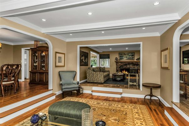 Fireplace, Interior, Living room, Recessed Lighting, Wood Texture Flooring