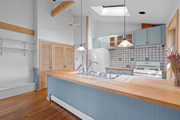 Interior, Kitchen, Pendant Lights, Recessed Lighting, Wooden Beams, Wood Texture Flooring