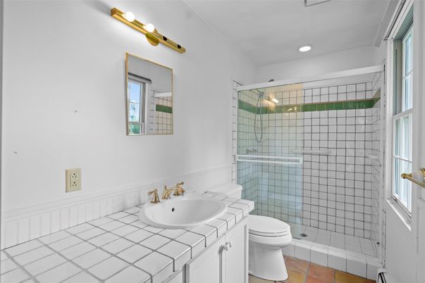 Bathroom, Glass Shower, Interior, Recessed Lighting, Tile Countertops