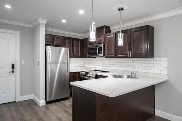 Interior, Kitchen, Pendant Lights, Recessed Lighting, Stainless Steel Appliances, Wood Texture Flooring