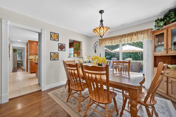 Dining room, Interior, Pendant Lights, Recessed Lighting, Wood Texture Flooring
