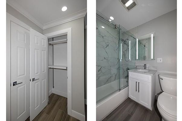 Bathroom, Glass Shower, Interior, Marble Walls, Recessed Lighting, Wood Texture Flooring