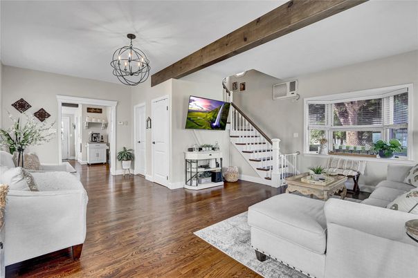 Chandelier, Interior, Living room, Wooden Beams, Wood Texture Flooring