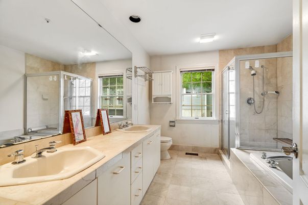 Bathroom, Dual Sink Vanities, Glass Shower, Interior, Recessed Lighting, Tile Countertops