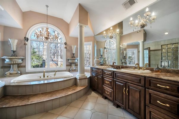 Bathroom, Chandelier, Dual Sink Vanities, Interior, Recessed Lighting
