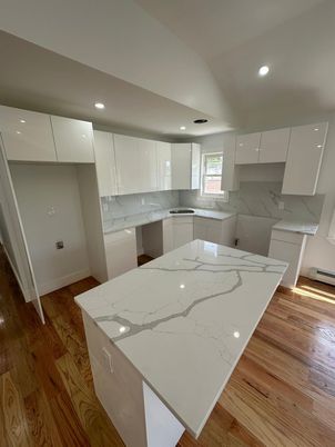 Interior, Kitchen, Marble Walls, Recessed Lighting, Wood Texture Flooring