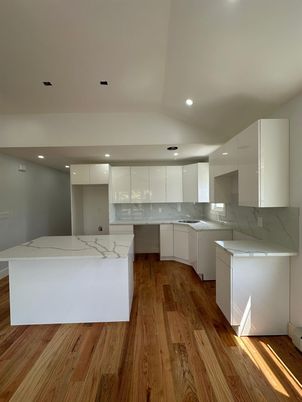 Interior, Kitchen, Marble Walls, Recessed Lighting, Wood Texture Flooring