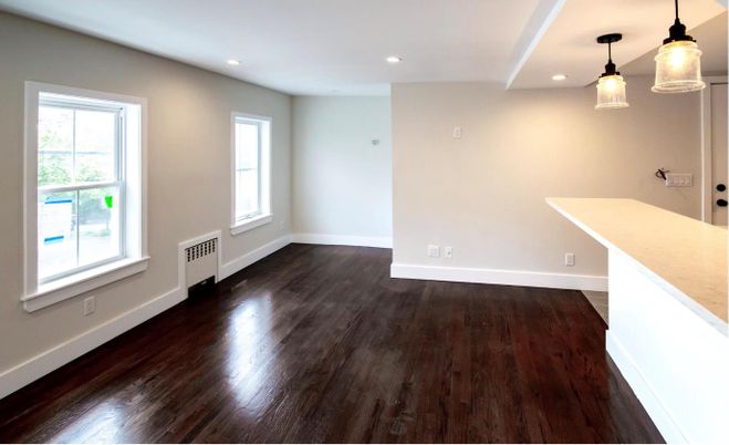Empty room, Interior, Pendant Lights, Recessed Lighting, Wood Texture Flooring