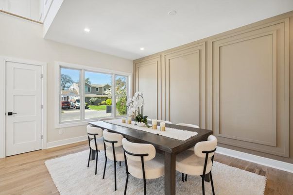 Dining room, Interior, Recessed Lighting, Wood Texture Flooring