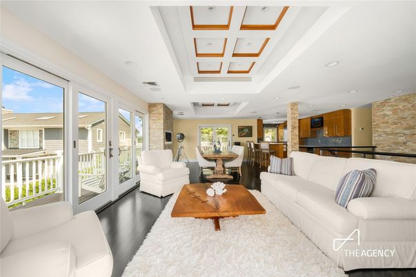 Dining room, Interior, Kitchen, Living room, Pendant Lights, Recessed Lighting, Stone Walls, Wood Texture Flooring