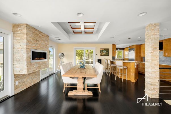 Dining room, Fireplace, Interior, Kitchen, Pendant Lights, Recessed Lighting, Stone Walls, Wood Texture Flooring