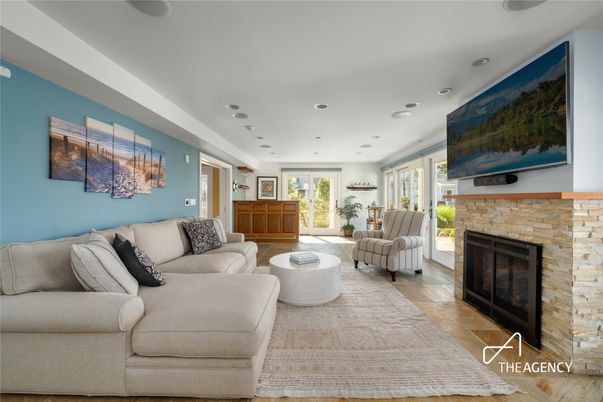 Fireplace, Interior, Living room, Recessed Lighting, Stone Walls