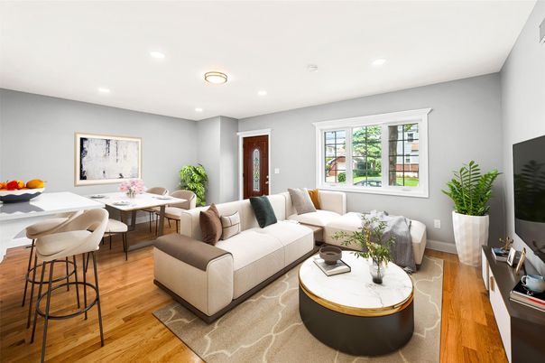 Dining room, Interior, Living room, Recessed Lighting, Wood Texture Flooring