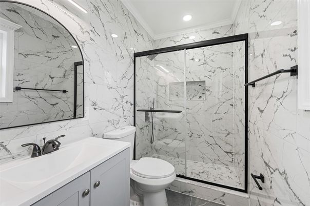 Bathroom, Glass Shower, Interior, Marble, Marble Walls, Recessed Lighting