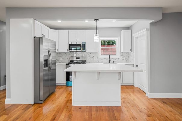 Interior, Kitchen, Pendant Lights, Recessed Lighting, Stainless Steel Appliances, Wood Texture Flooring