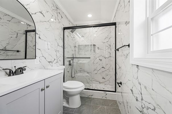 Bathroom, Glass Shower, Interior, Marble Walls, Recessed Lighting