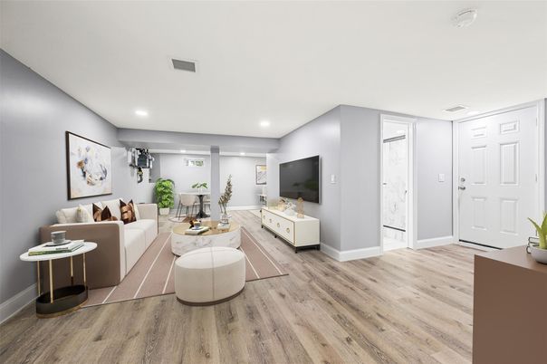 Interior, Living room, Recessed Lighting, Wood Texture Flooring