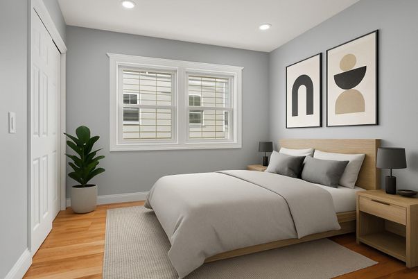Bedroom, Interior, Recessed Lighting, Wood Texture Flooring