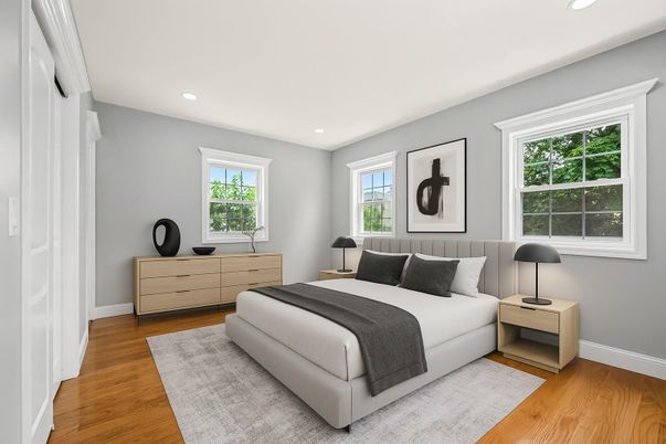 Bedroom, Interior, Recessed Lighting, Wood Texture Flooring