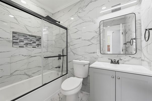 Bathroom, Glass Shower, Interior, Marble, Marble Walls, Recessed Lighting