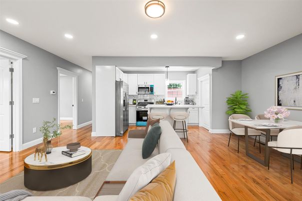 Dining room, Interior, Kitchen, Living room, Recessed Lighting, Stainless Steel Appliances, Wood Texture Flooring