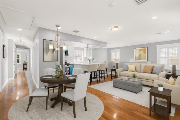 Dining room, Interior, Living room, Pendant Lights, Recessed Lighting, Wood Texture Flooring