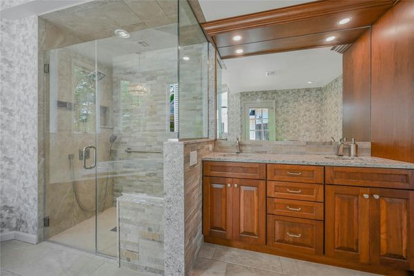 Bathroom, Dual Sink Vanities, Glass Shower, Interior, Recessed Lighting