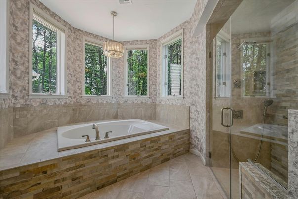 Bathroom, Glass Shower, Interior, Pendant Lights