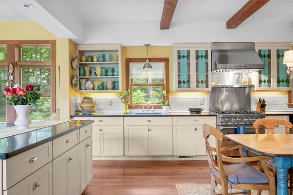 Dining room, Interior, Kitchen, Pendant Lights, Recessed Lighting, Stainless Steel Appliances, Wooden Beams, Wood Texture Flooring