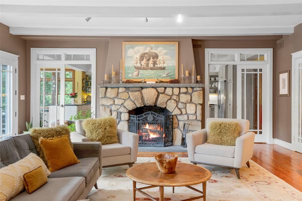 Fireplace, Interior, Living room, Recessed Lighting, Wood Texture Flooring