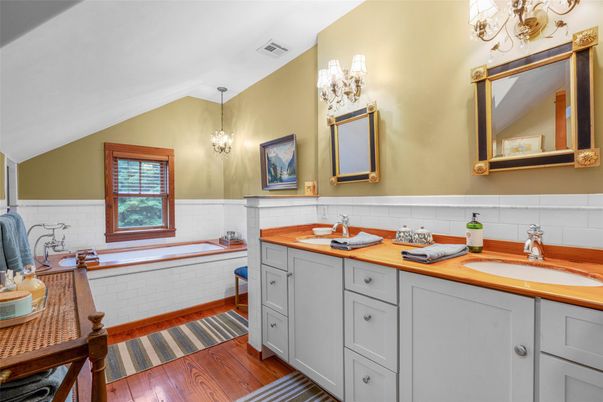 Bathroom, Dual Sink Vanities, Interior, Pendant Lights, Wood Texture Flooring
