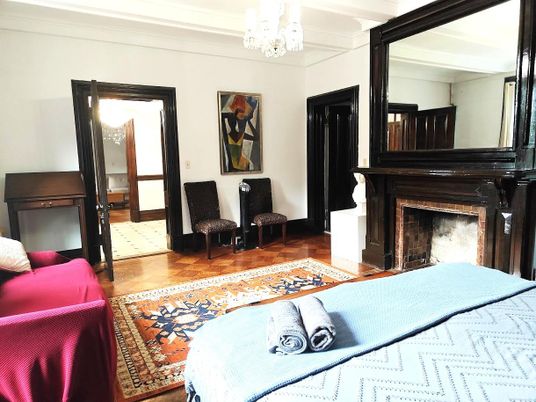 Bedroom, Chandelier, Fireplace, Interior, Wood Texture Flooring