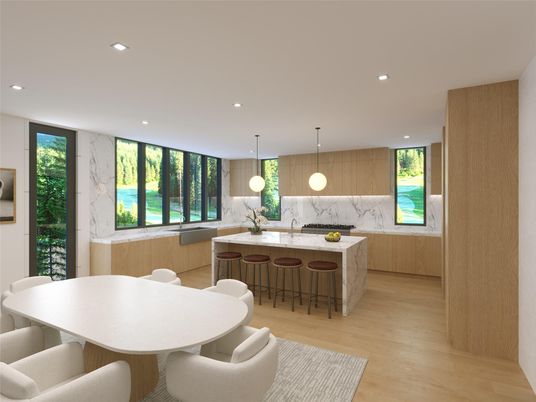 Dining room, Interior, Kitchen, Marble Walls, Pendant Lights, Recessed Lighting, Wood Texture Flooring