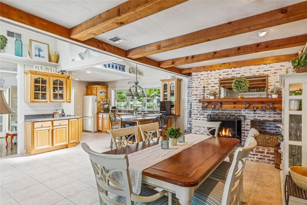 Dining room, Fireplace, Interior, Kitchen, Pendant Lights, Recessed Lighting, Stone Walls, Wooden Beams