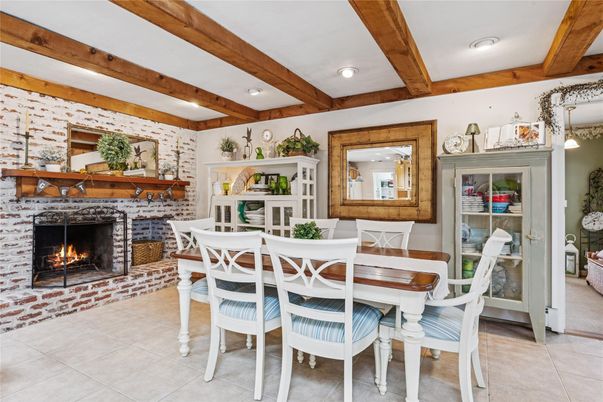 Dining room, Fireplace, Interior, Pendant Lights, Recessed Lighting, Wooden Beams