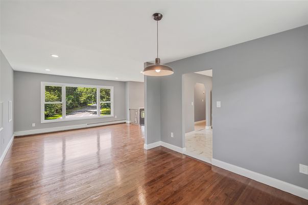 Empty room, Interior, Marble, Pendant Lights, Recessed Lighting, Wood Texture Flooring