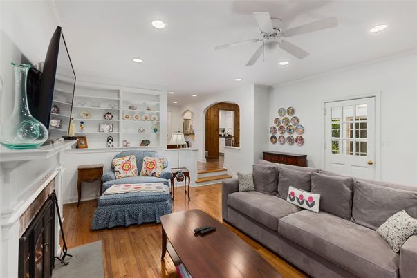 Fireplace, Interior, Living room, Recessed Lighting, Wood Texture Flooring