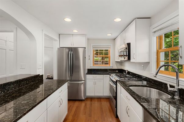 Interior, Kitchen, Recessed Lighting, Stainless Steel Appliances, Wood Texture Flooring