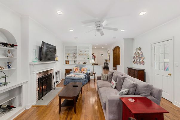 Fireplace, Interior, Living room, Recessed Lighting, Wood Texture Flooring