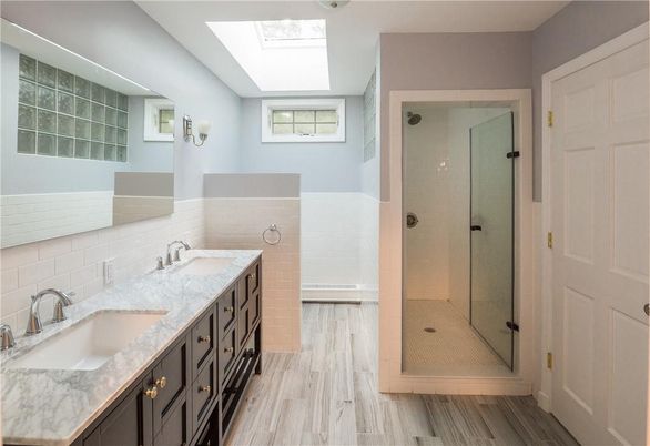 Bathroom, Dual Sink Vanities, Glass Shower, Interior, Wood Texture Flooring