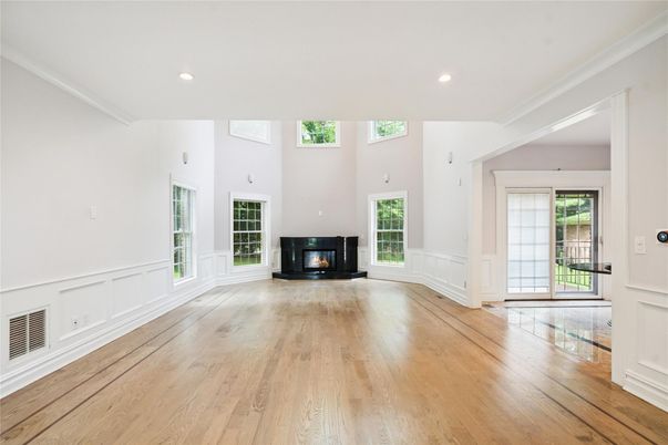 Empty room, Fireplace, Interior, Recessed Lighting, Wood Texture Flooring